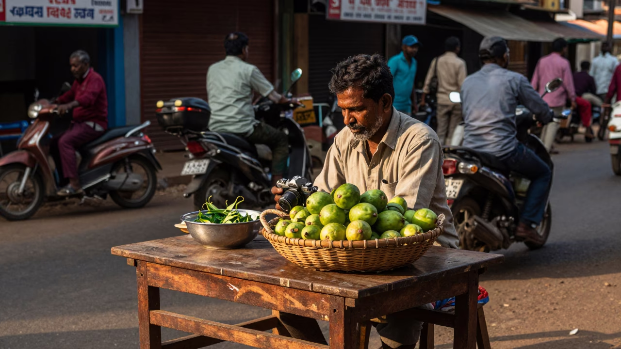 Late Afternoon Street Scene in Kochi India with Local Vendor and Basket in in Kochi, India