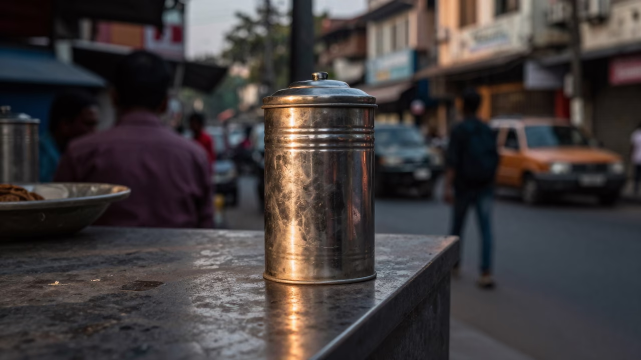 Late Afternoon Street Scene in Kolkata India with Tea Tin and Raincoats in in Kolkata, India