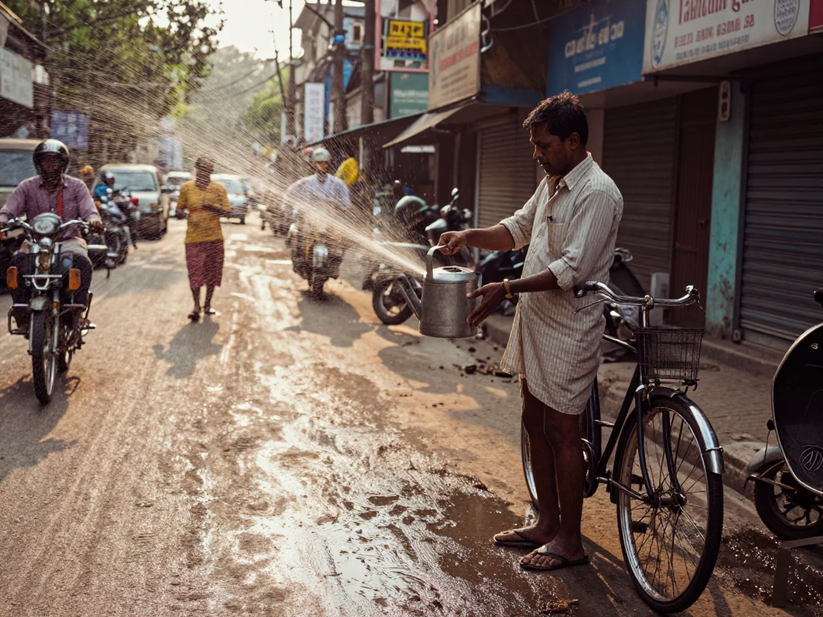 Late Afternoon Street Scene in Kolkata India with Watering Jug and Bicycle in in Kolkata, India