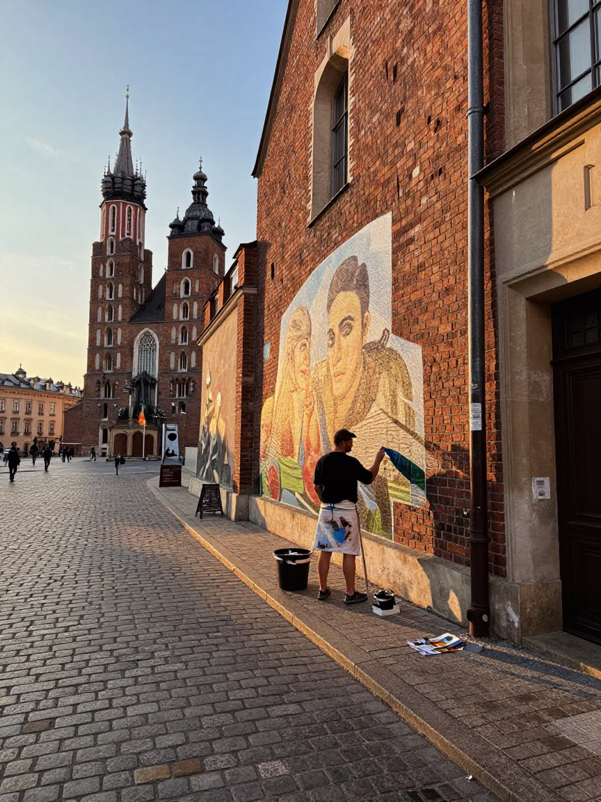 Late Afternoon Street Scene in Krakow Poland with Artist Painting Mural on Brick Wall in in Krakow, Poland