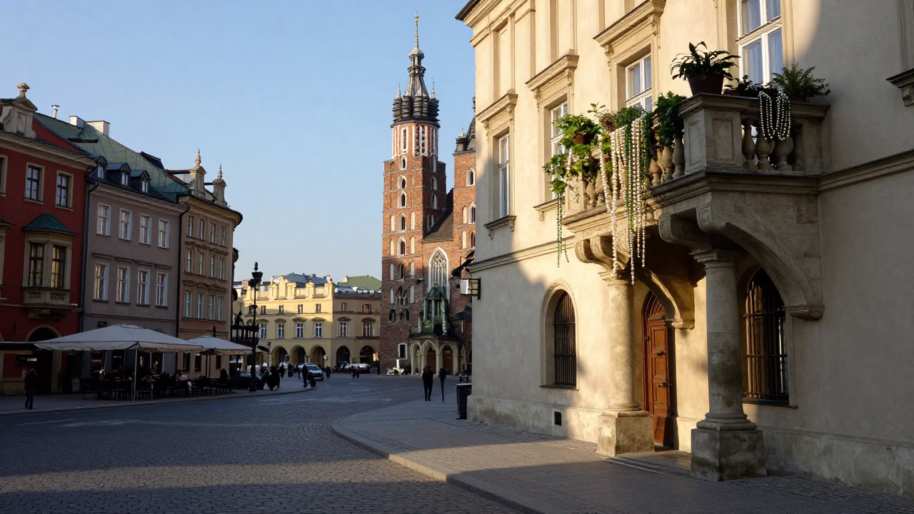 Late Afternoon Street Scene in Krakow Poland with Balcony Garden and Pedestrians in in Krakow, Poland