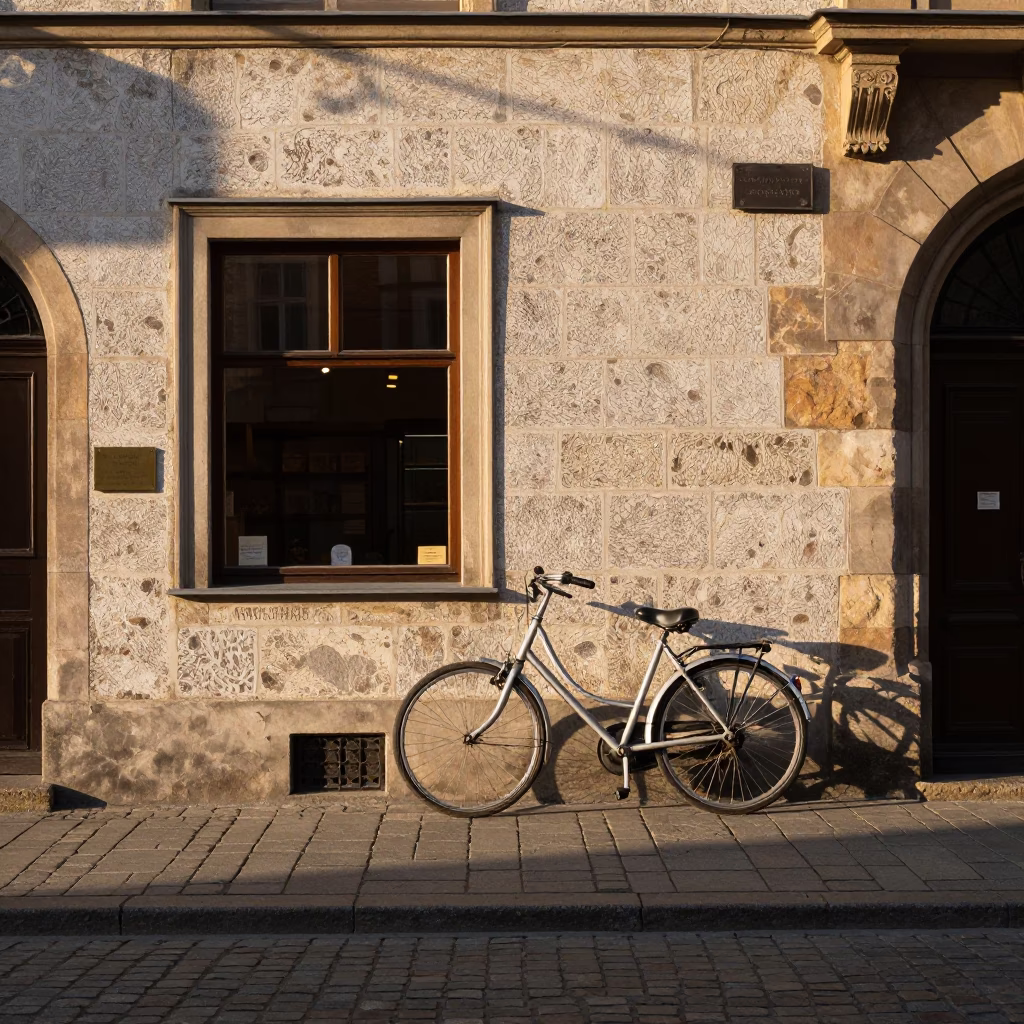 Late Afternoon Street Scene in Krakow Poland with Bicycle and Bakery Window in in Krakow, Poland