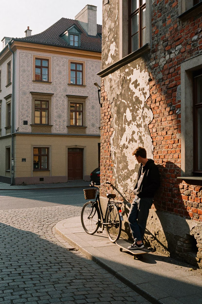 Late Afternoon Street Scene in Krakow Poland with Bicycle and Skateboard in in Krakow, Poland