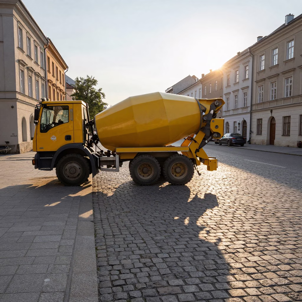 Late Afternoon Street Scene in Krakow Poland with Construction Cement Mixer in in Krakow, Poland