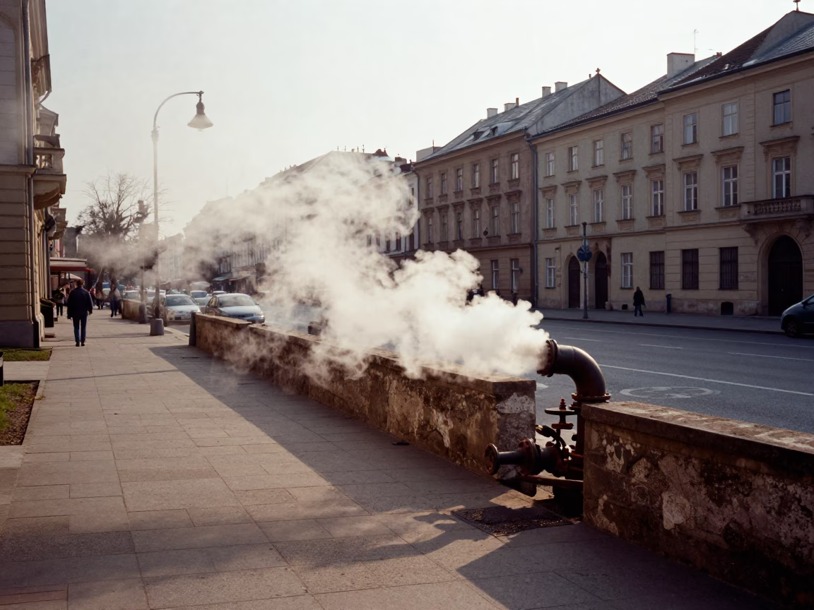 Late Afternoon Street Scene in Krakow Poland with District Heating Pipes in in Krakow, Poland
