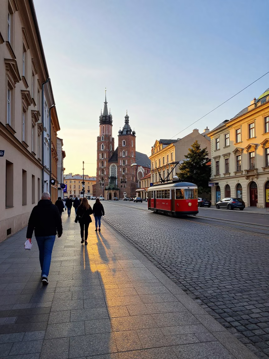 Late Afternoon Street Scene in Krakow Poland with Funicular and Sidewalk Art in in Krakow, Poland