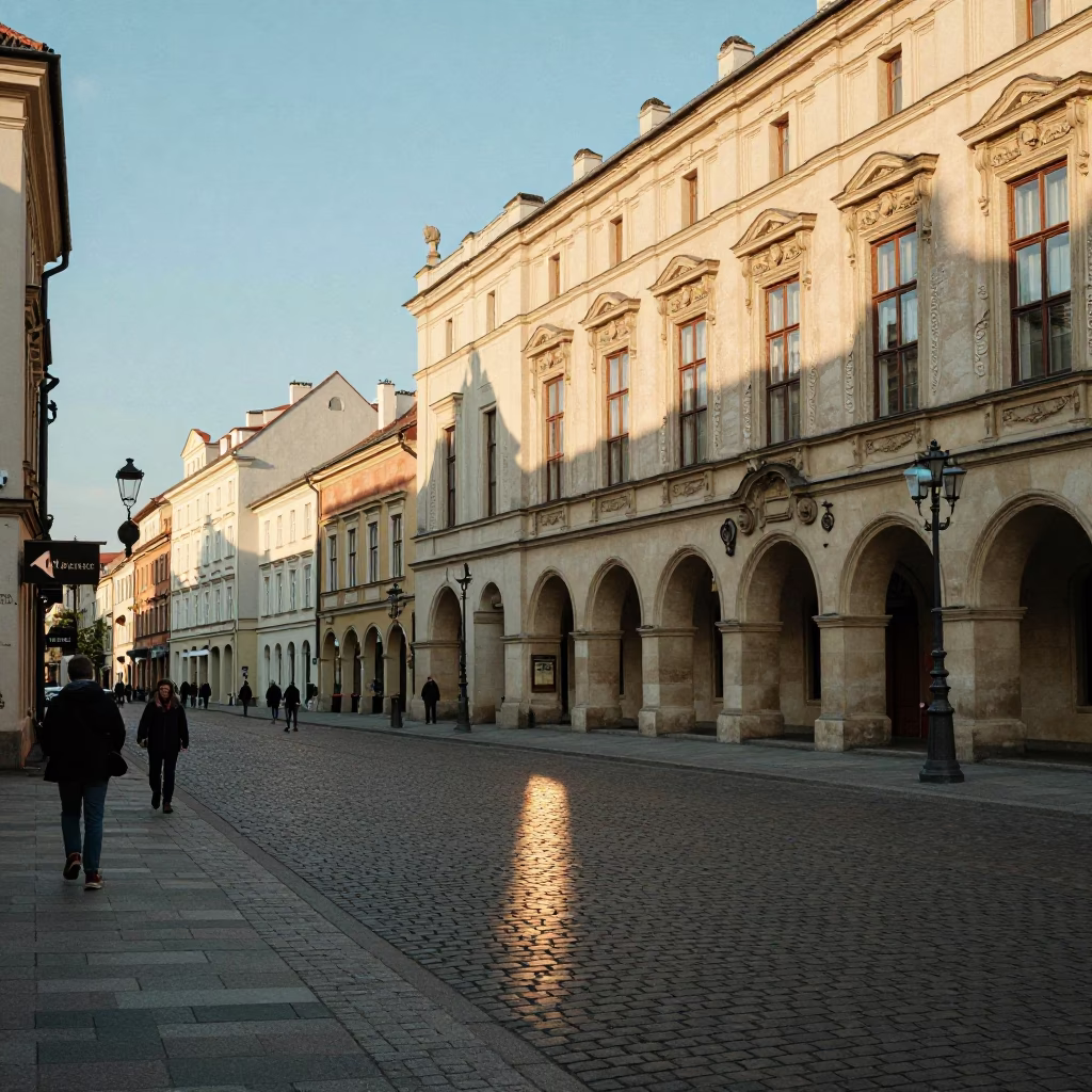 Late Afternoon Street Scene in Krakow Poland with Heritage Architecture and Daily Life in in Krakow, Poland