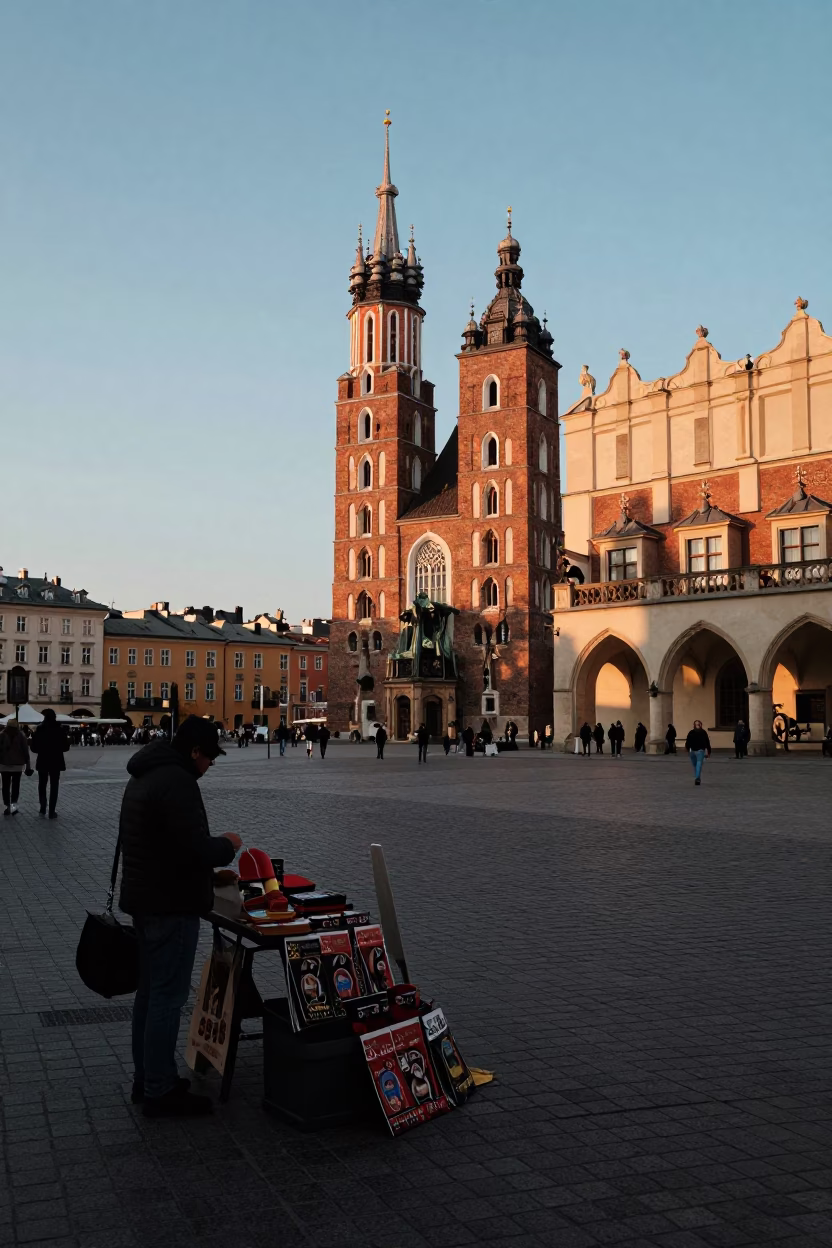 Late afternoon street scene in Krakow Poland with historic architecture and urban details in in Krakow, Poland