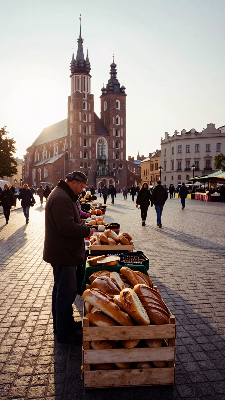 Late Afternoon Street Scene in Krakow Poland with Local Market Goods and Historic Architecture in in Krakow, Poland