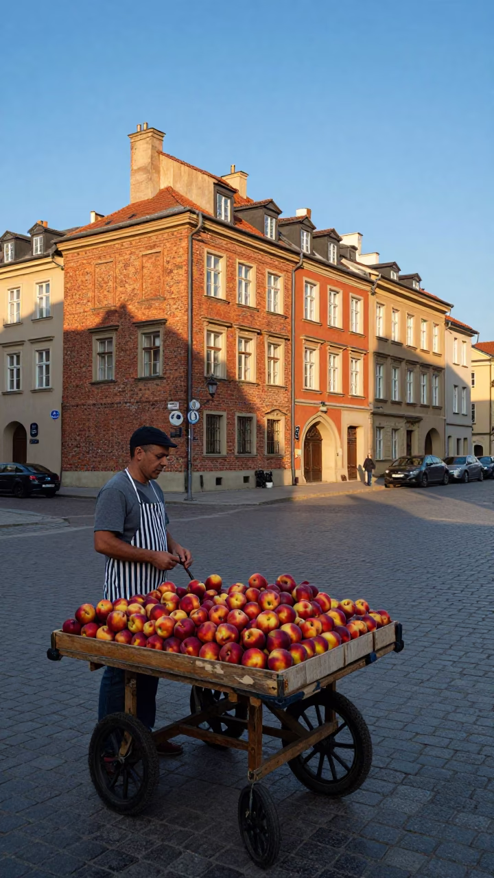 Late Afternoon Street Scene in Krakow Poland with Nectarines and Striped Fabric in in Krakow, Poland