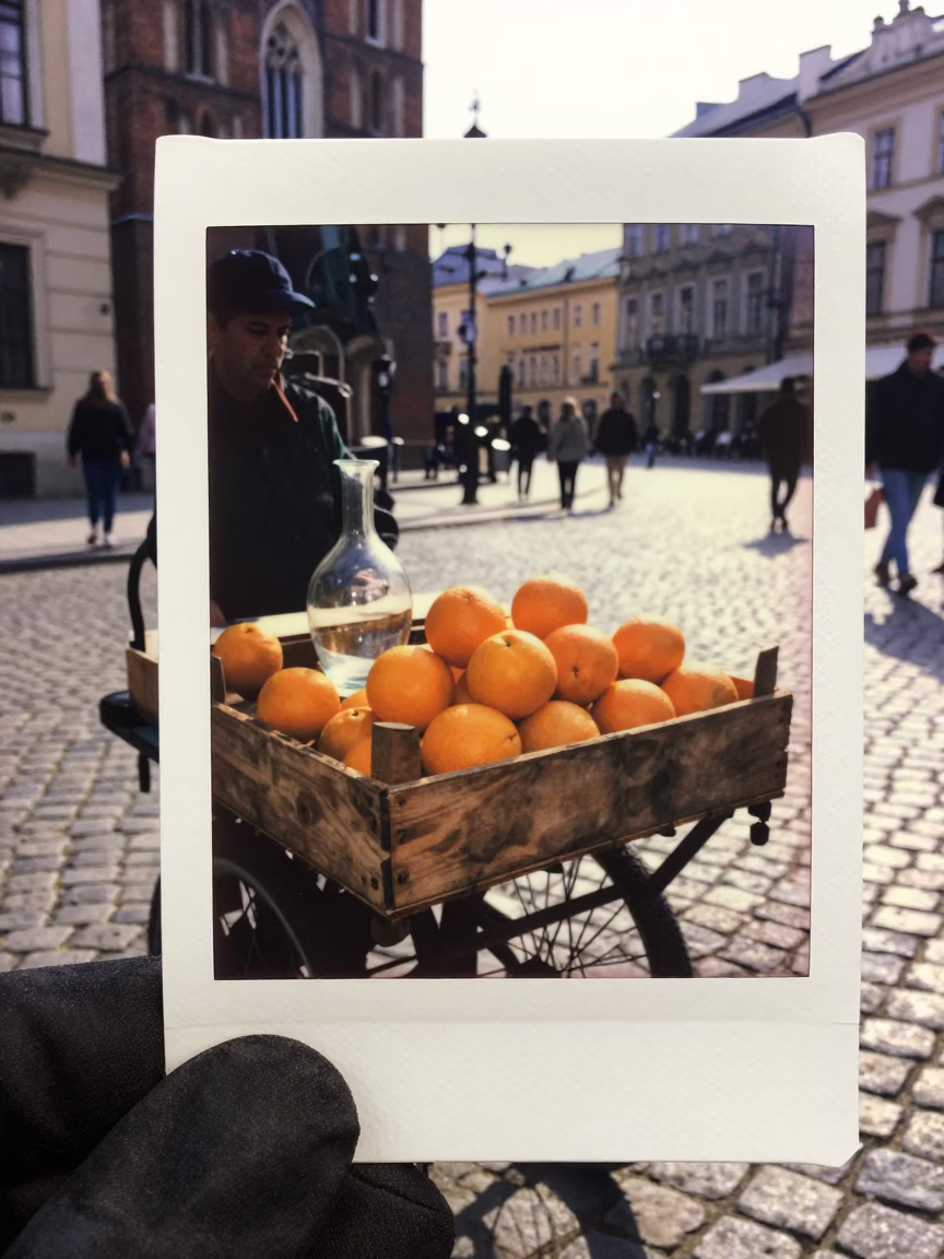 Late Afternoon Street Scene in Krakow Poland with Oranges and Decanter in in Krakow, Poland