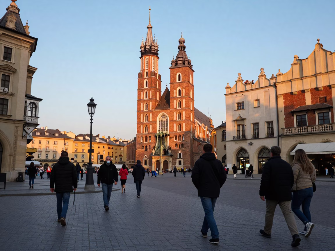 Late Afternoon Street Scene in Krakow Poland with Tourists and Historic Architecture in in Krakow, Poland