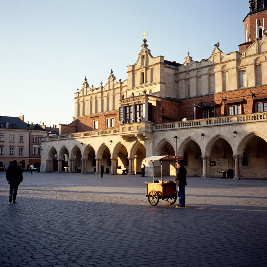 Late Afternoon Street Scene in Krakow Poland with Traditional Architecture and Urban Life in in Krakow, Poland