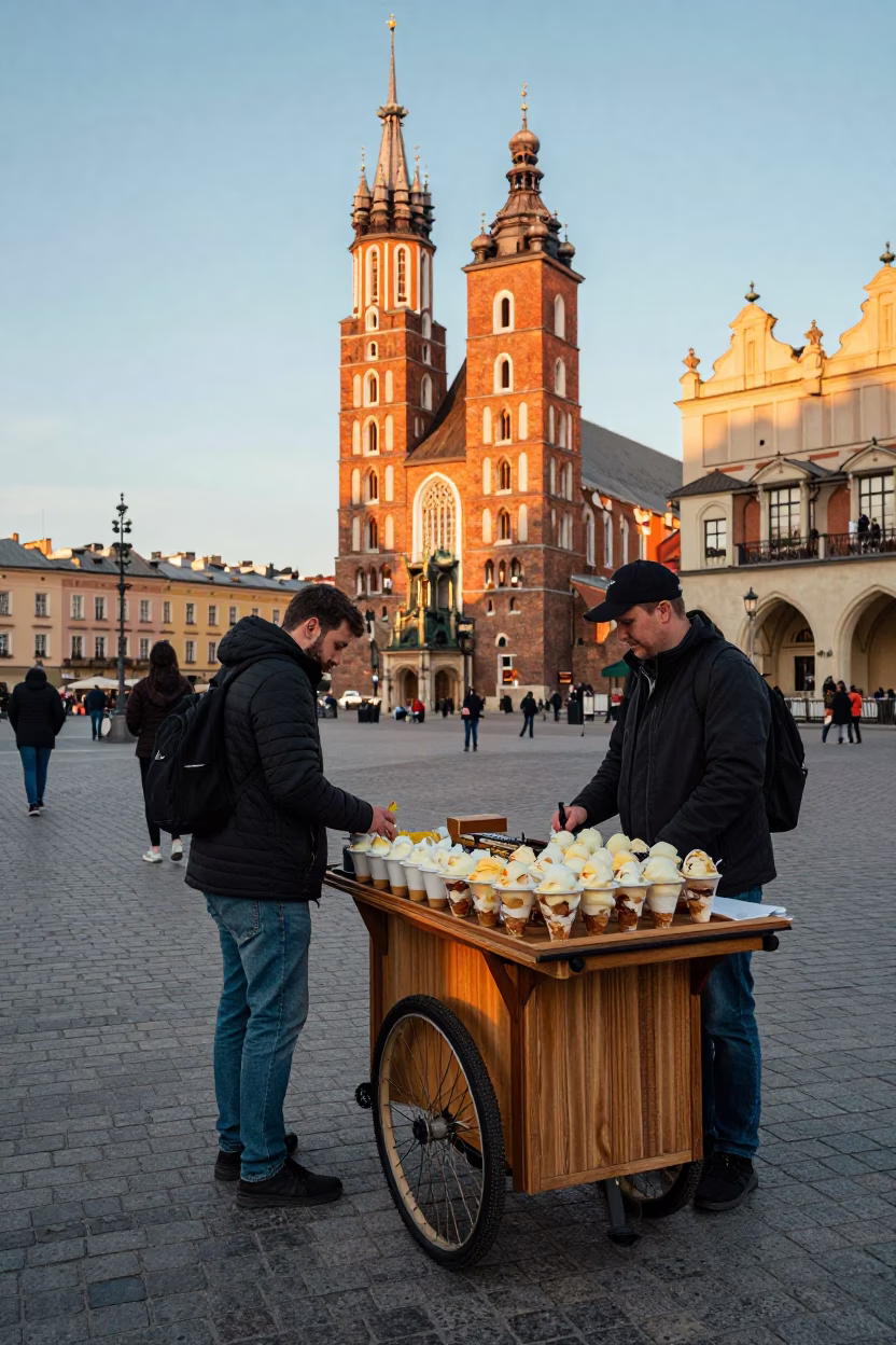 Late Afternoon Street Scene in Krakow Poland with Traditional Sweets and Urban Details in in Krakow, Poland