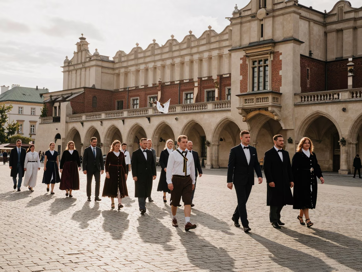 Late Afternoon Street Scene in Krakow Poland with Traditional Wedding Procession in in Krakow, Poland