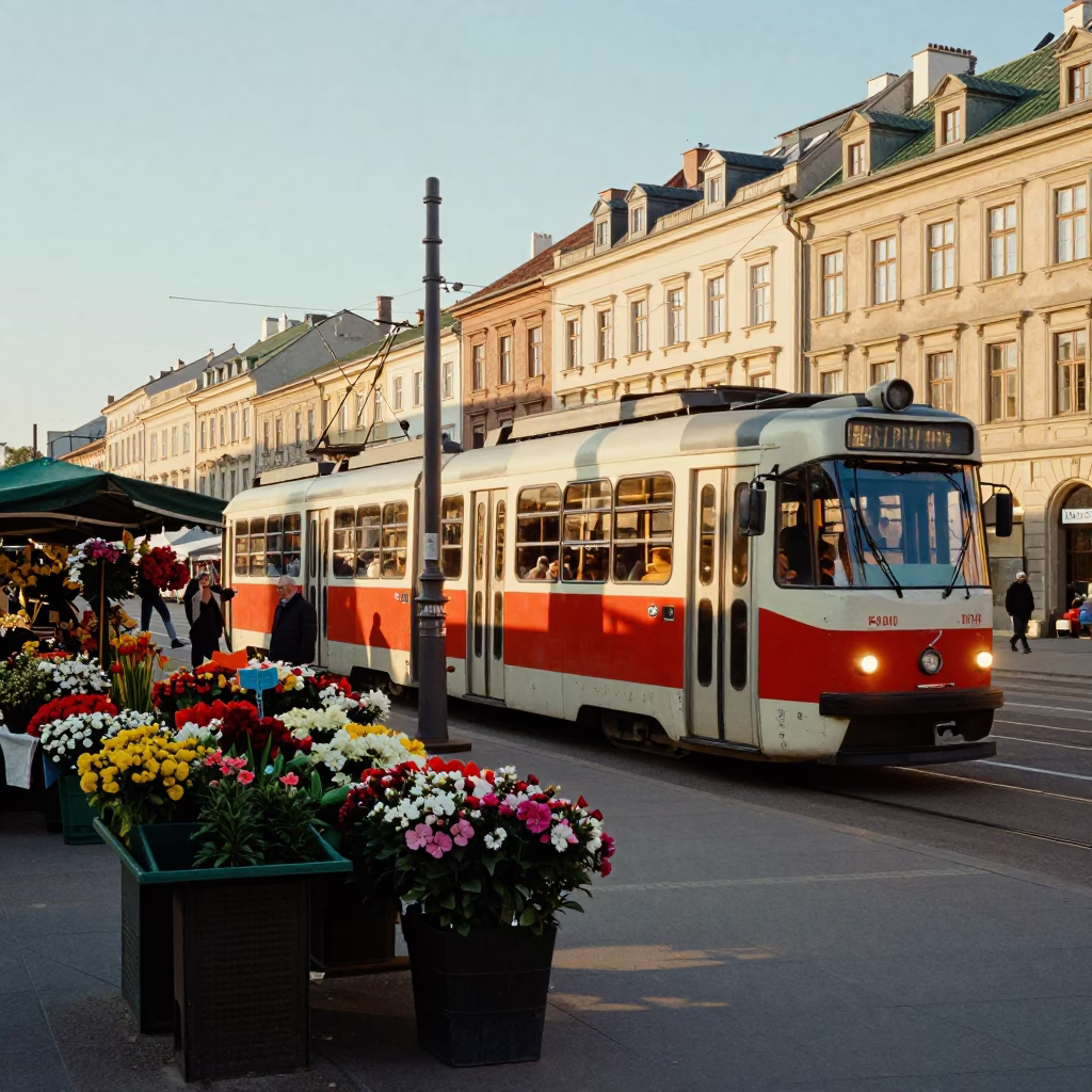 Late Afternoon Street Scene in Krakow Poland with Tram and Flower Market in in Krakow, Poland