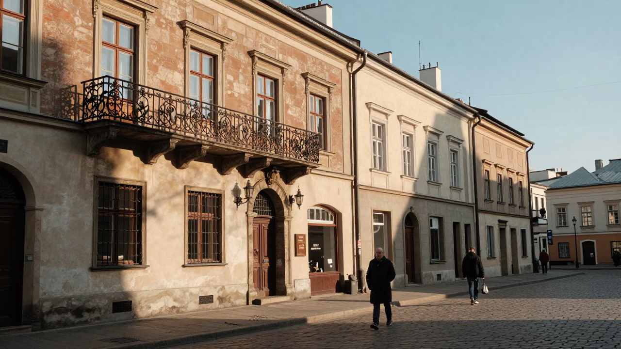 Late Afternoon Street Scene in Krakow Poland with Vintage 1990s Aesthetic and Local Details in in Krakow, Poland