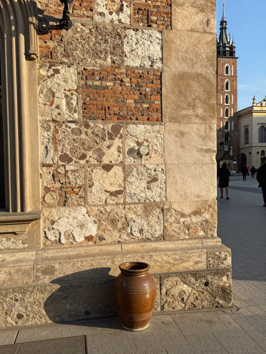 Late Afternoon Street Scene in Krakow Poland with Vintage Jar and Birdhouse in in Krakow, Poland