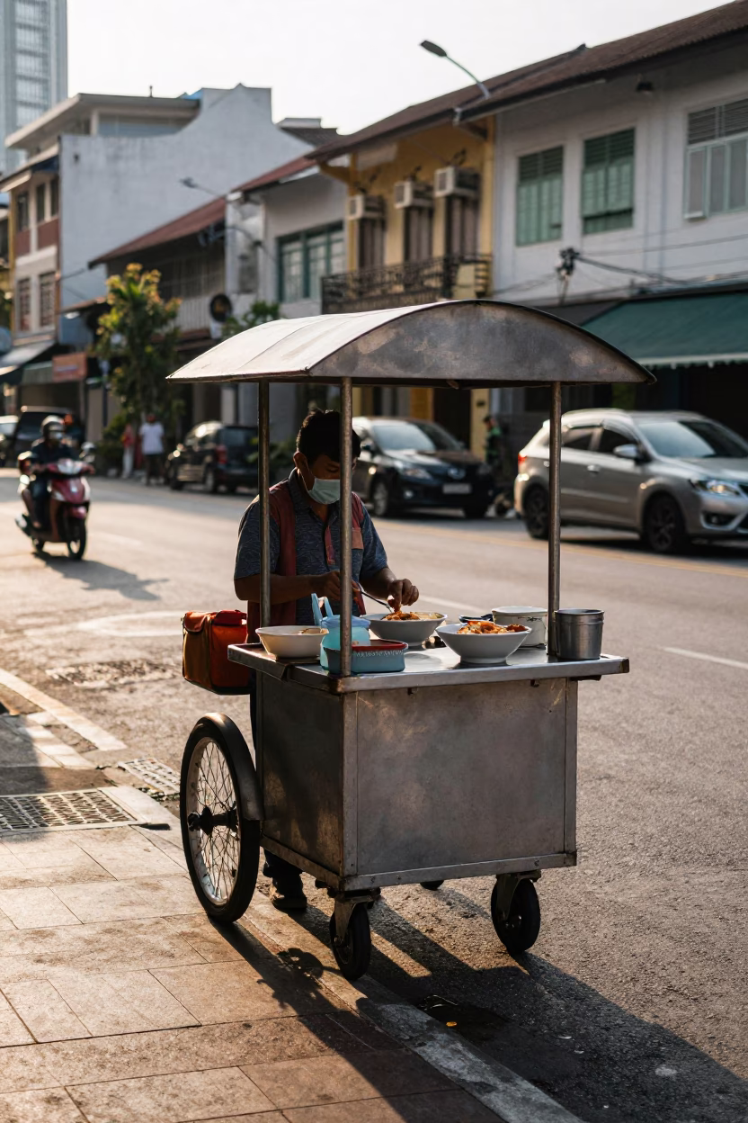 Late Afternoon Street Scene in Kuala Lumpur Malaysia with Bowl of Laksa in in Kuala Lumpur, Malaysia