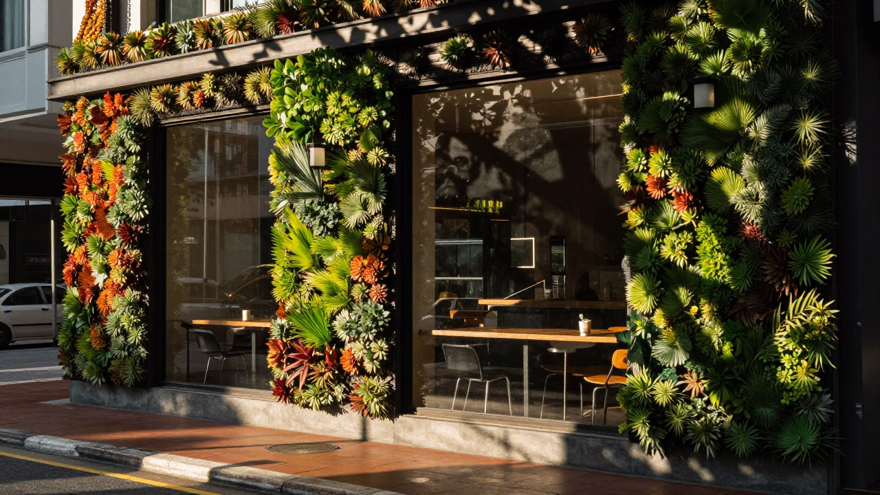 Late Afternoon Street Scene in Kuala Lumpur Malaysia with Leaf Shadows and Succulent Wall in in Kuala Lumpur, Malaysia
