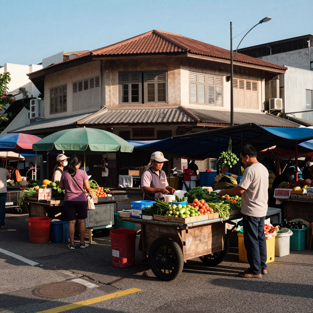 Late Afternoon Street Scene in Kuala Lumpur Malaysia with Local Market Activity in in Kuala Lumpur, Malaysia