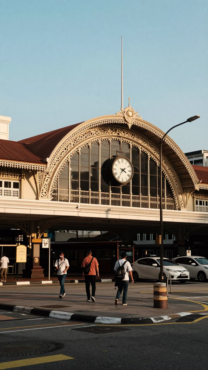 Late Afternoon Street Scene in Kuala Lumpur Malaysia with Train Station Clock in in Kuala Lumpur, Malaysia