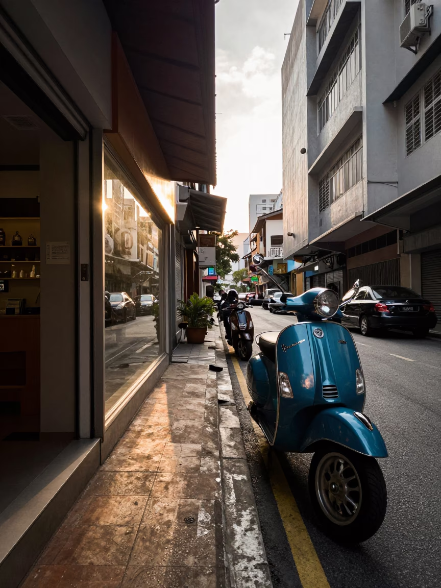 Late Afternoon Street Scene in Kuala Lumpur Malaysia with Vespa Reflection in in Kuala Lumpur, Malaysia