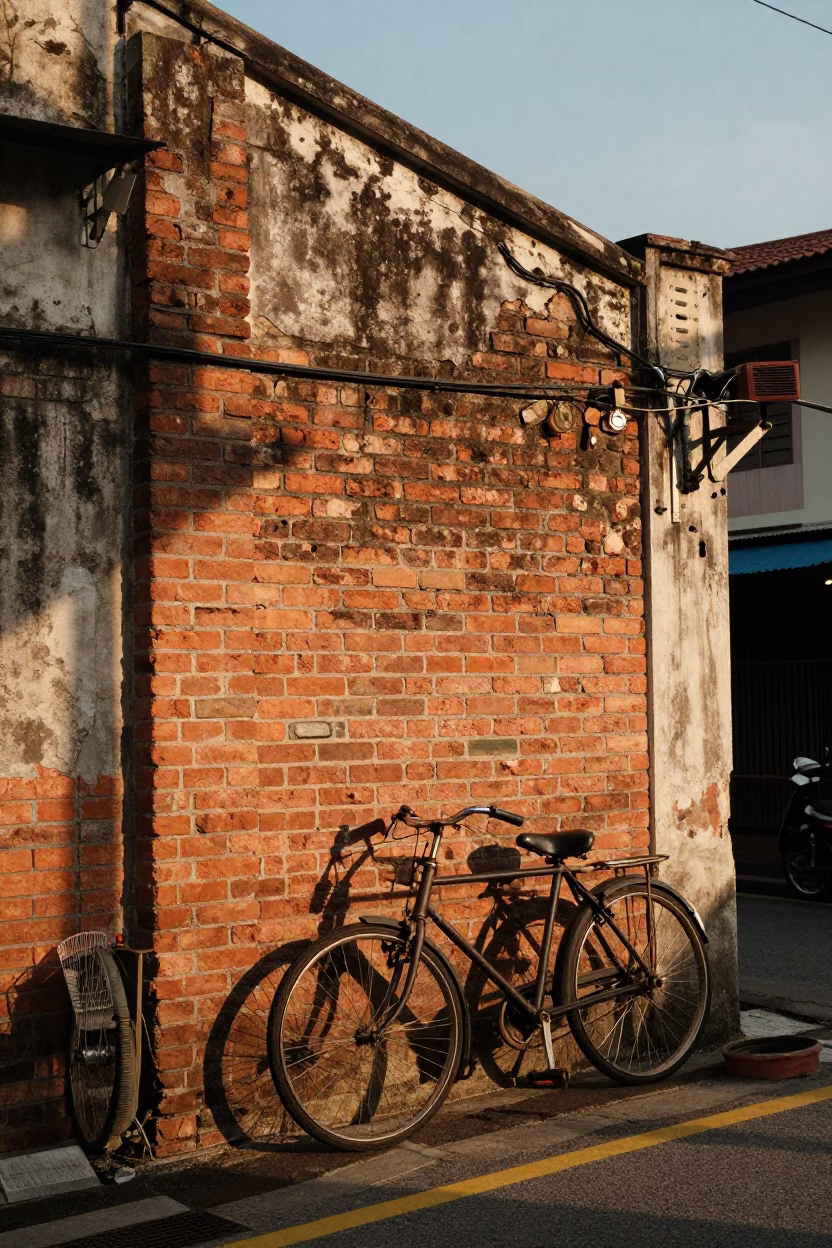 Late Afternoon Street Scene in Kuala Lumpur Malaysia with Vintage Bicycle and Wall Shelf in in Kuala Lumpur, Malaysia