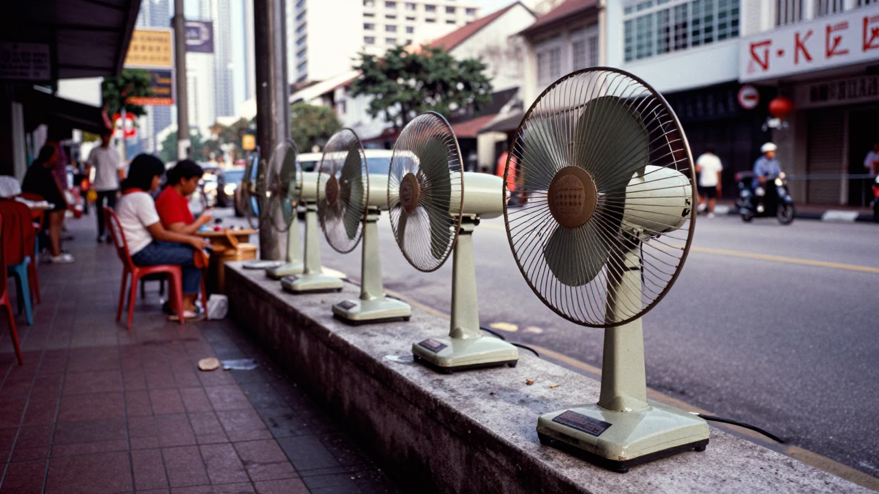 Late Afternoon Street Scene in Kuala Lumpur Malaysia with Vintage Table Fans in in Kuala Lumpur, Malaysia