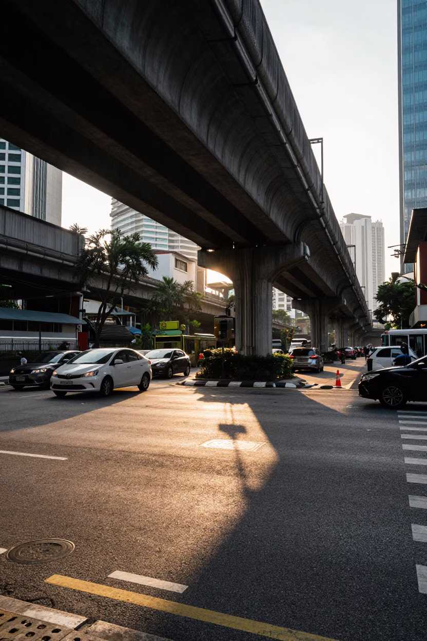 Late Afternoon Street Scene in Kuala Lumpur with Flyover Shadows and Local Market Details in in Kuala Lumpur, Malaysia