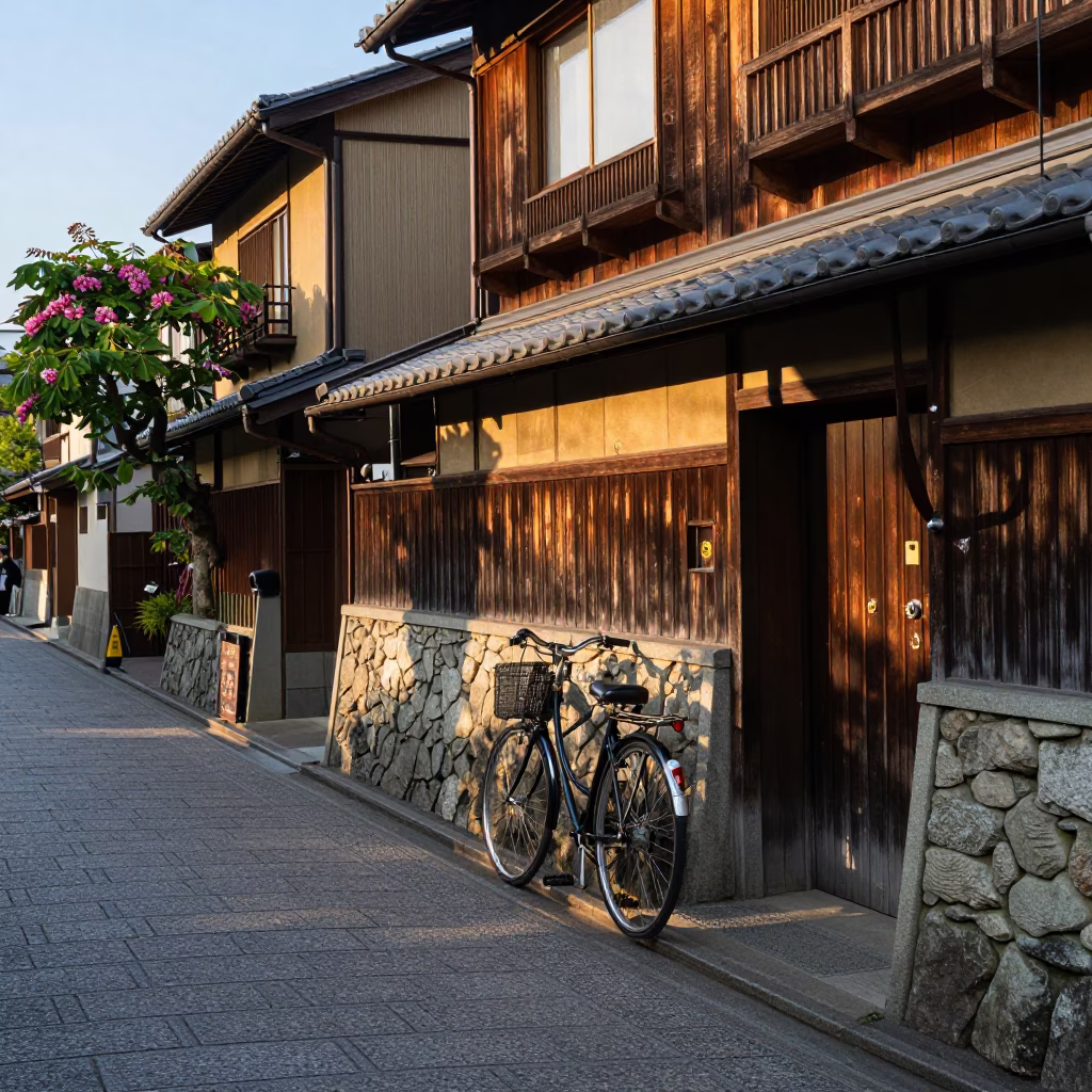 Late Afternoon Street Scene in Kyoto Japan with Bicycle and Chestnut Tree in in Kyoto, Japan