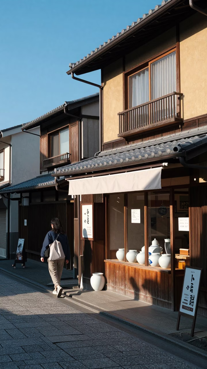 Late Afternoon Street Scene in Kyoto Japan with Blue and White Porcelain Jar in in Kyoto, Japan