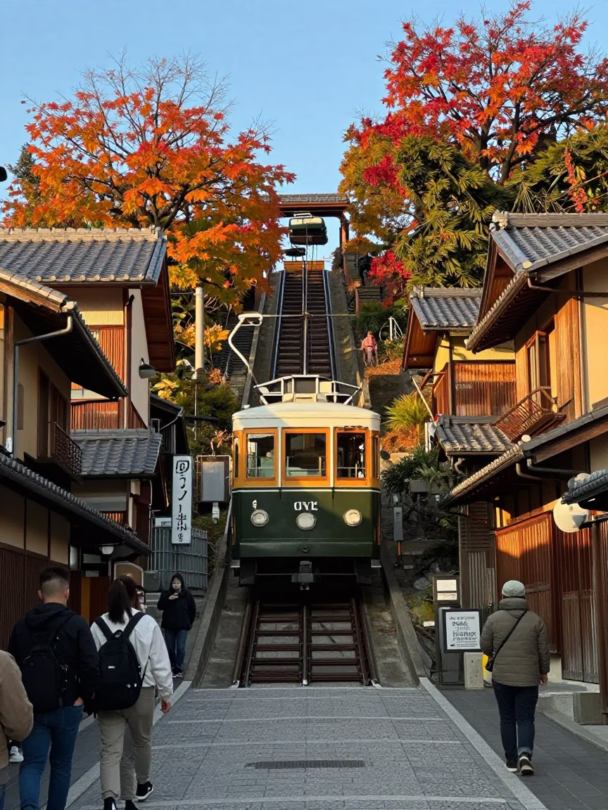 Late Afternoon Street Scene in Kyoto Japan with Funicular and Autumn Vines in in Kyoto, Japan