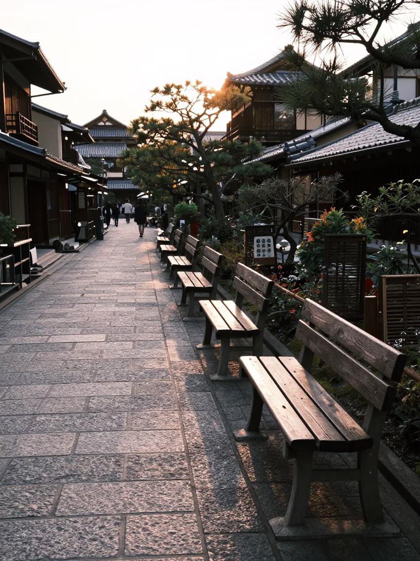 Late Afternoon Street Scene in Kyoto Japan with Garden Benches and Traditional Architecture in in Kyoto, Japan