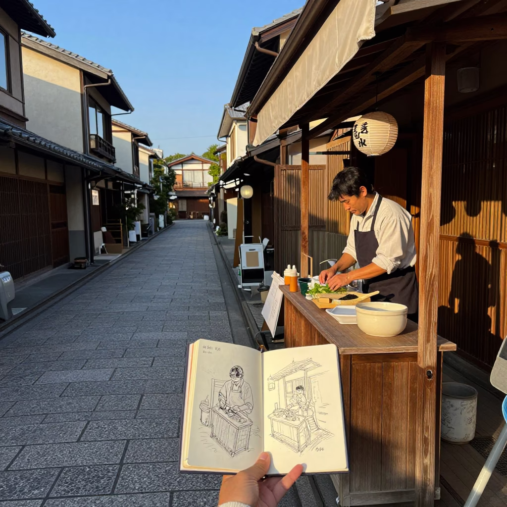 Late Afternoon Street Scene in Kyoto Japan with Sketchbook and Sage Leaves in in Kyoto, Japan