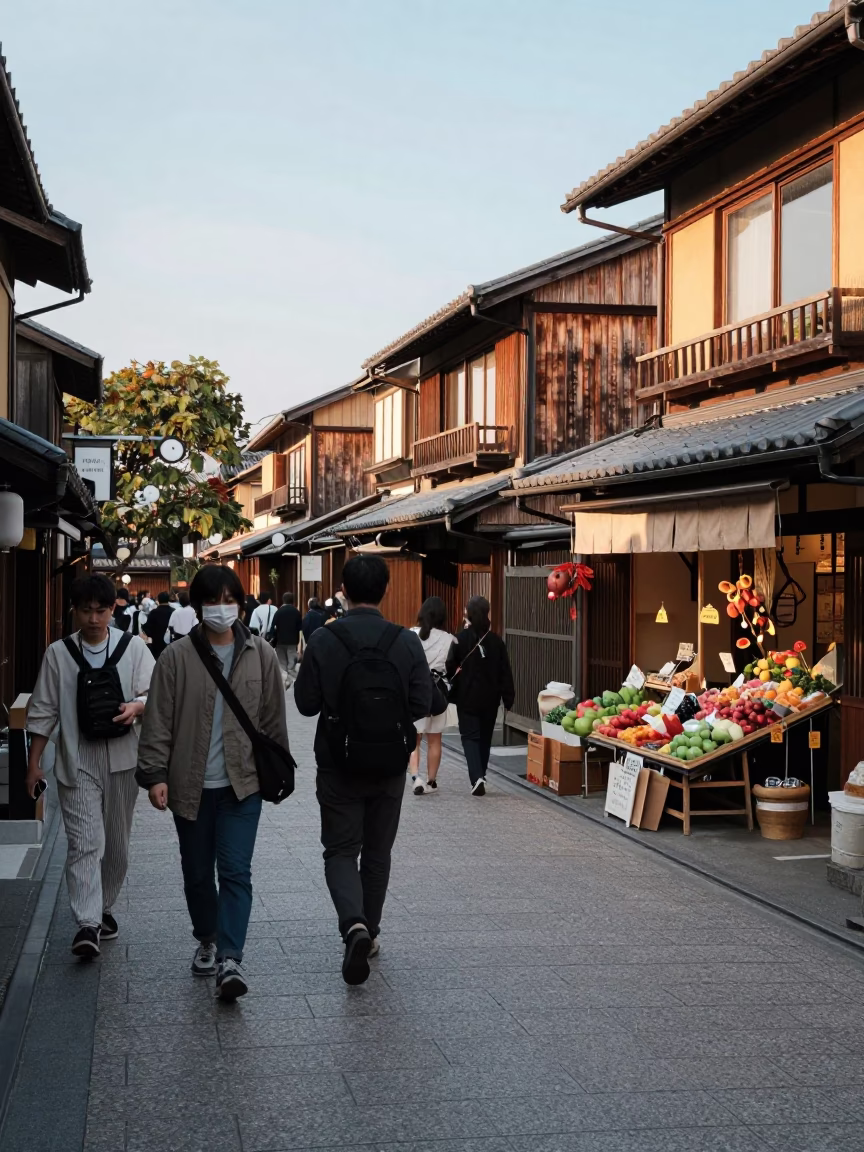 Late Afternoon Street Scene in Kyoto Japan with Traditional Architecture and Pedestrians in in Kyoto, Japan