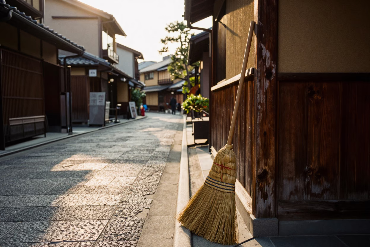 Late Afternoon Street Scene in Kyoto Japan with Traditional Broom and Porcelain in in Kyoto, Japan