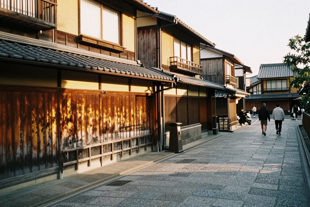 Late Afternoon Street Scene in Kyoto Japan with Traditional Wooden Architecture and Pedestrians in in Kyoto, Japan