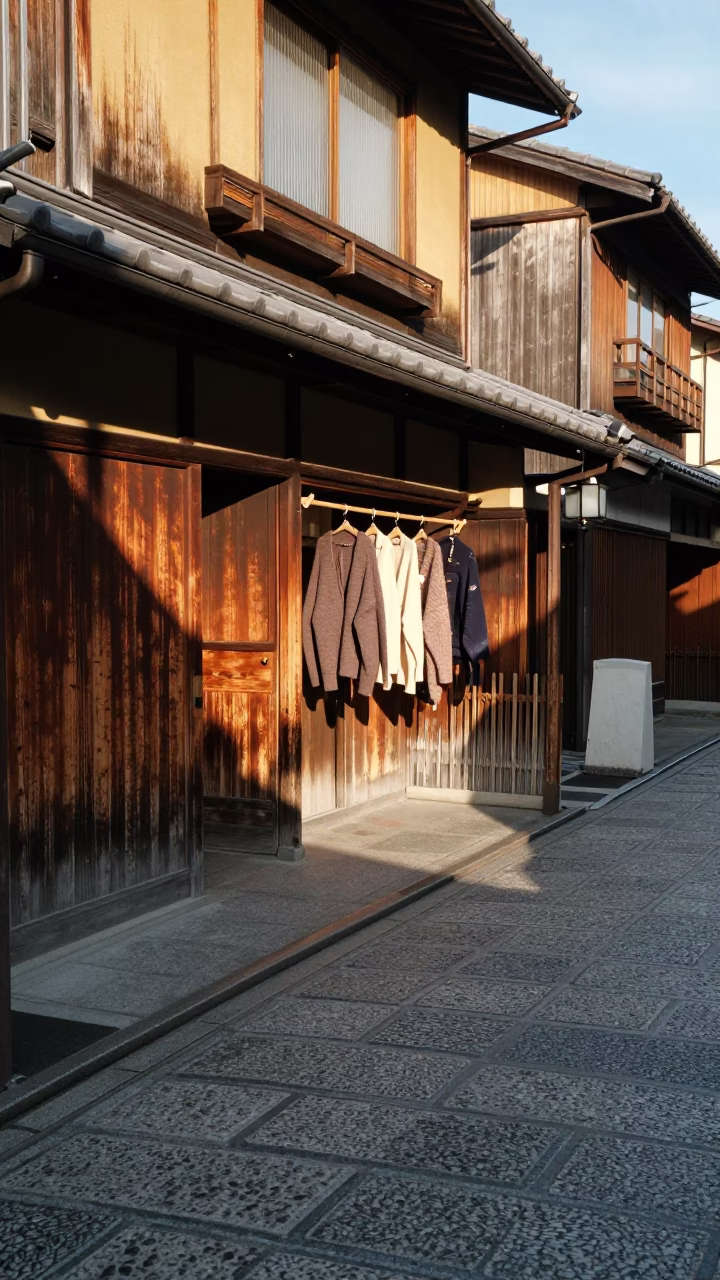 Late Afternoon Street Scene in Kyoto Japan with Traditional Wooden Door and Hanging Cardigans in in Kyoto, Japan