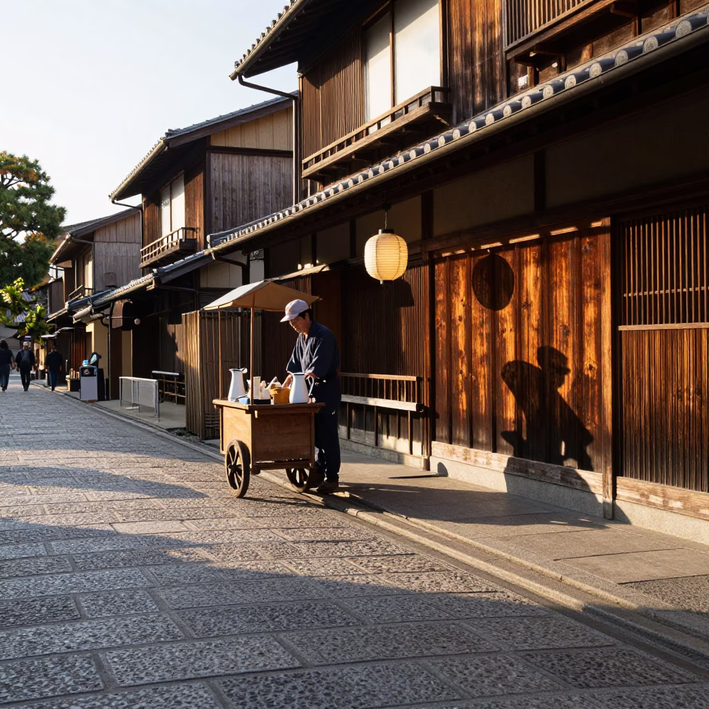 Late Afternoon Street Scene in Kyoto Japan with Vintage Enamel Pitcher and Local Life in in Kyoto, Japan
