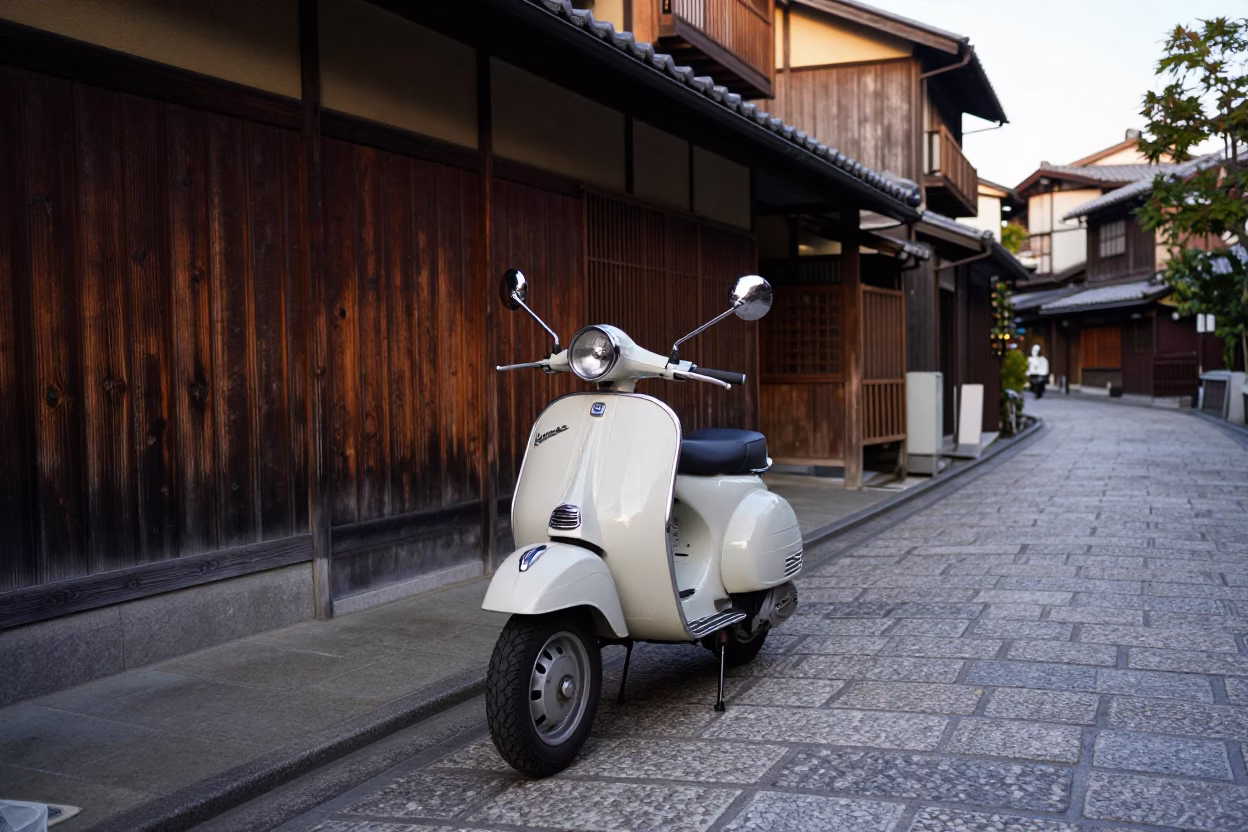 Late Afternoon Street Scene in Kyoto Japan with Vintage Vespa and Traditional Architecture in in Kyoto, Japan