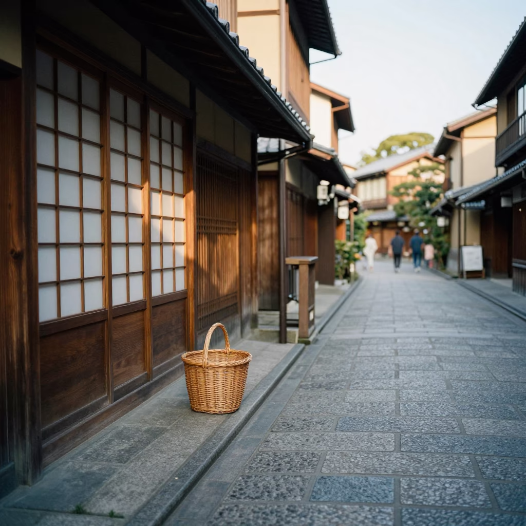Late Afternoon Street Scene in Kyoto Japan with Wicker Basket and Wooden Doorframe in in Kyoto, Japan