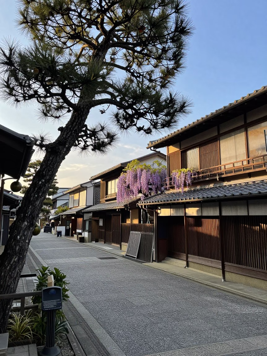 Late Afternoon Street Scene in Kyoto Japan with Wisteria and Traditional Lanterns in in Kyoto, Japan