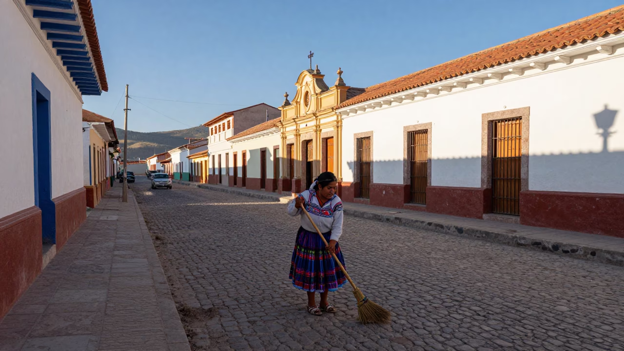 Late Afternoon Street Scene in La Paz Bolivia with Broom and Whisk in in La Paz, Bolivia