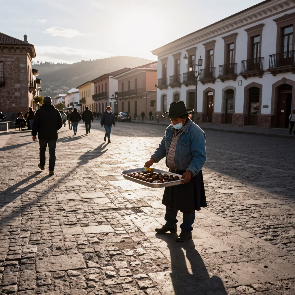 Late Afternoon Street Scene in La Paz Bolivia with Kofte Tray and Rattan Chair in in La Paz, Bolivia