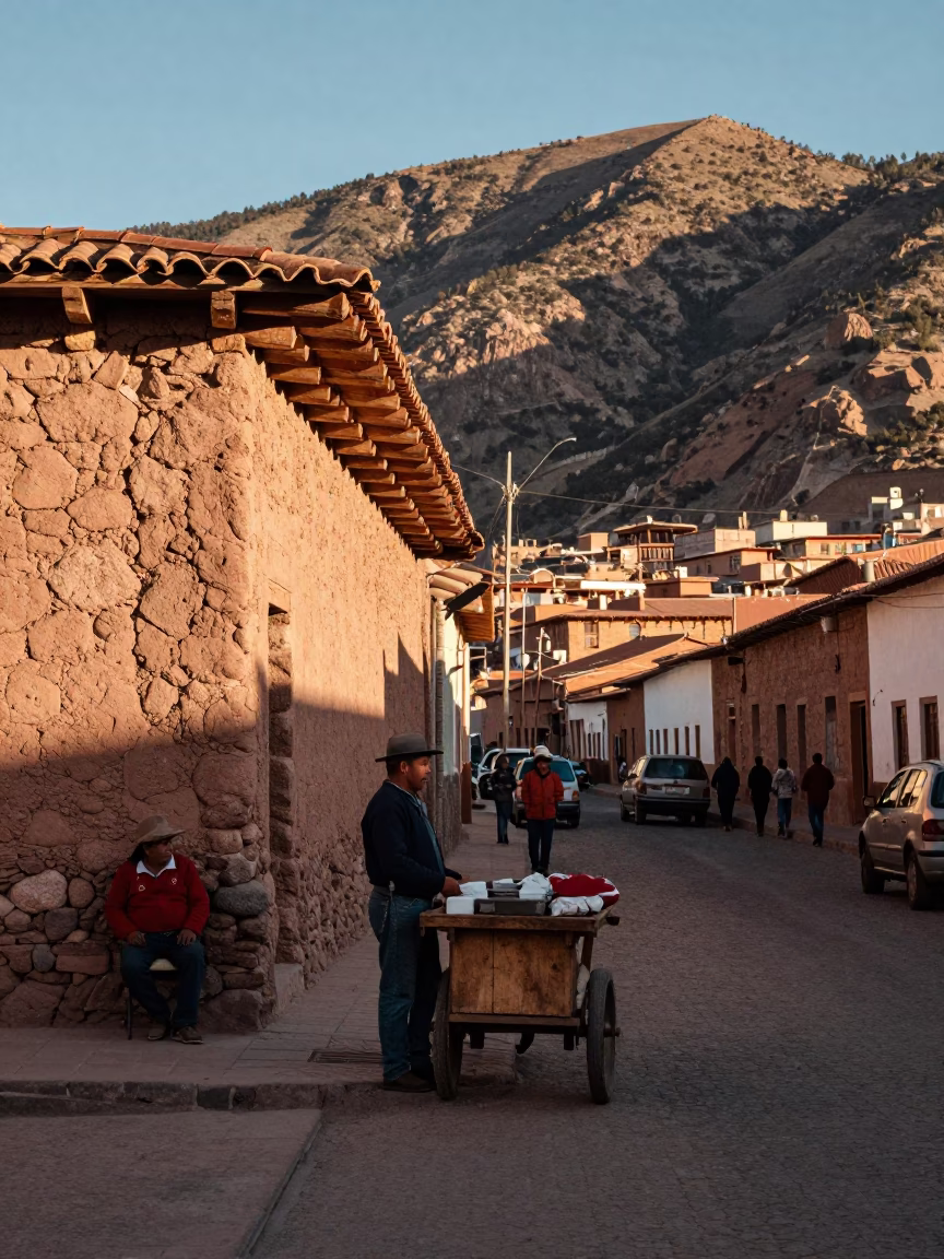 Late Afternoon Street Scene in La Paz Bolivia with Local Vendors and Traditional Architecture in in La Paz, Bolivia