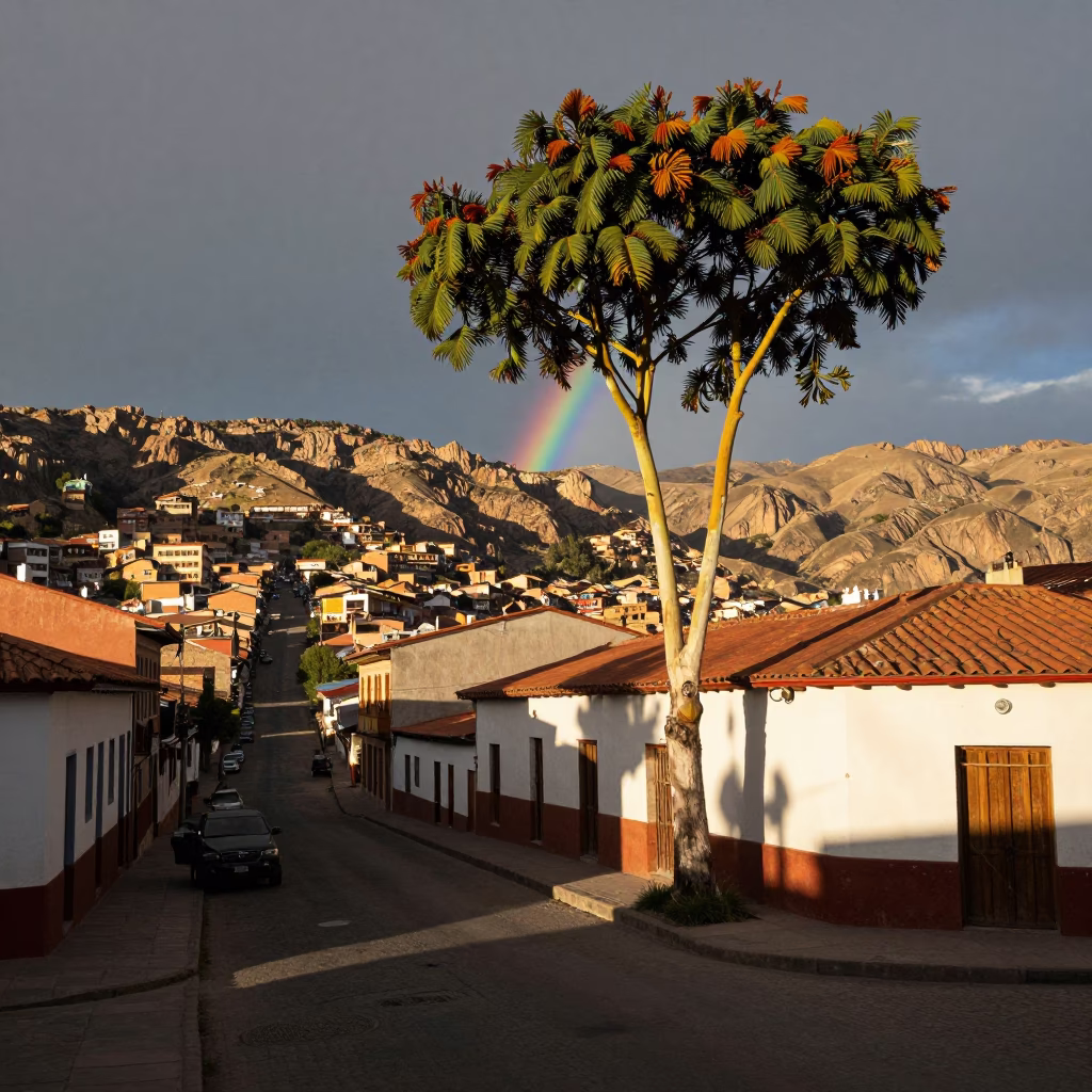 Late Afternoon Street Scene in La Paz Bolivia with Rainbow Eucalyptus and Urban Life in in La Paz, Bolivia