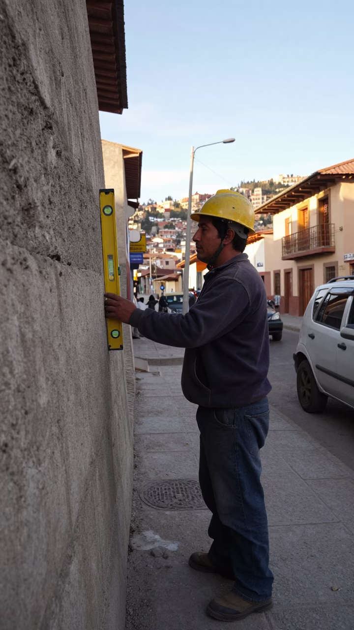 Late Afternoon Street Scene in La Paz Bolivia with Spirit Level and Construction Work in in La Paz, Bolivia