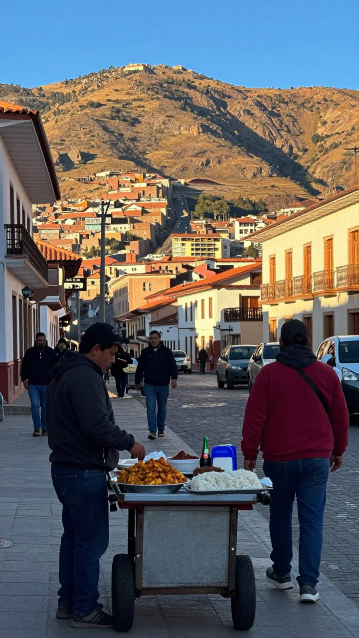 Late Afternoon Street Scene in La Paz Bolivia with Traditional Food and Daily Life in in La Paz, Bolivia