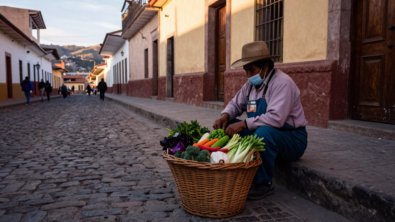 Late Afternoon Street Scene in La Paz Bolivia with Wicker Basket and Railway Viaduct in in La Paz, Bolivia
